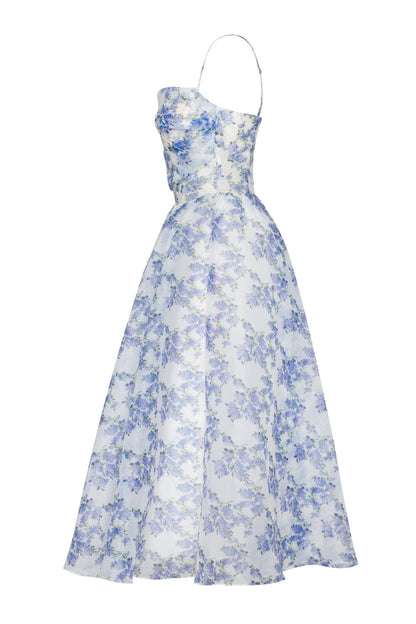 Blue Hydrangea Spaghetti Charming Strap Midi Dress