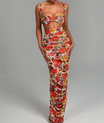 Alyssa Strapless Ruched Print Sexy Top And Skirt Set