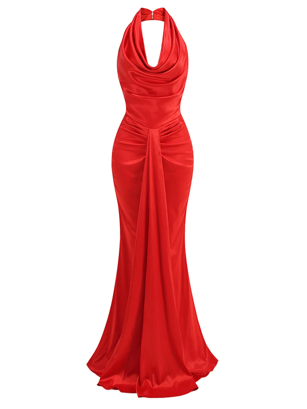 Sexy Backless Sleeveless Halter V-Neck Red Draped Maxi Bodycon Elegant Christmas Party Dress