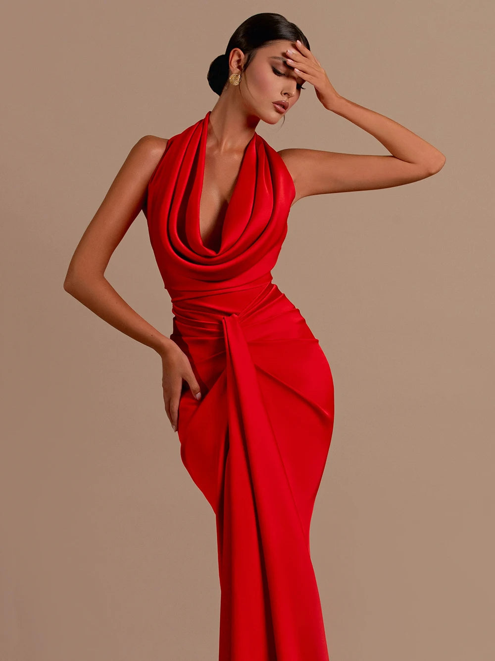 Sexy Backless Sleeveless Halter V-Neck Red Draped Maxi Bodycon Elegant Christmas Party Dress