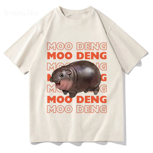 Vintage Streetwear Funny Meme Baby Hippo Unisex Cotton Graphic Men Women T-Shirts Clothing Moo Deng