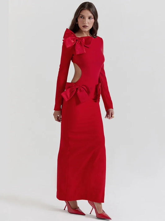 Red Bow Hollow Out Graceful Back Long Sleeve Maxi Dress