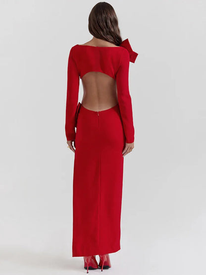 Red Bow Hollow Out Graceful Back Long Sleeve Maxi Dress