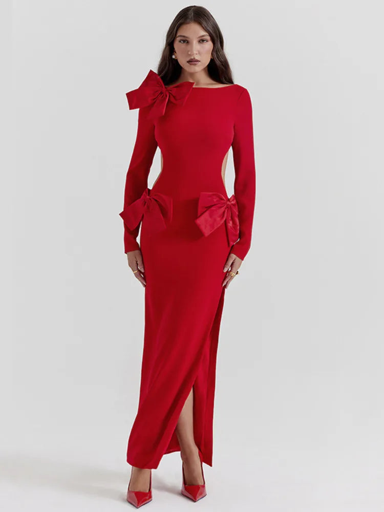 Red Bow Hollow Out Graceful Back Long Sleeve Maxi Dress