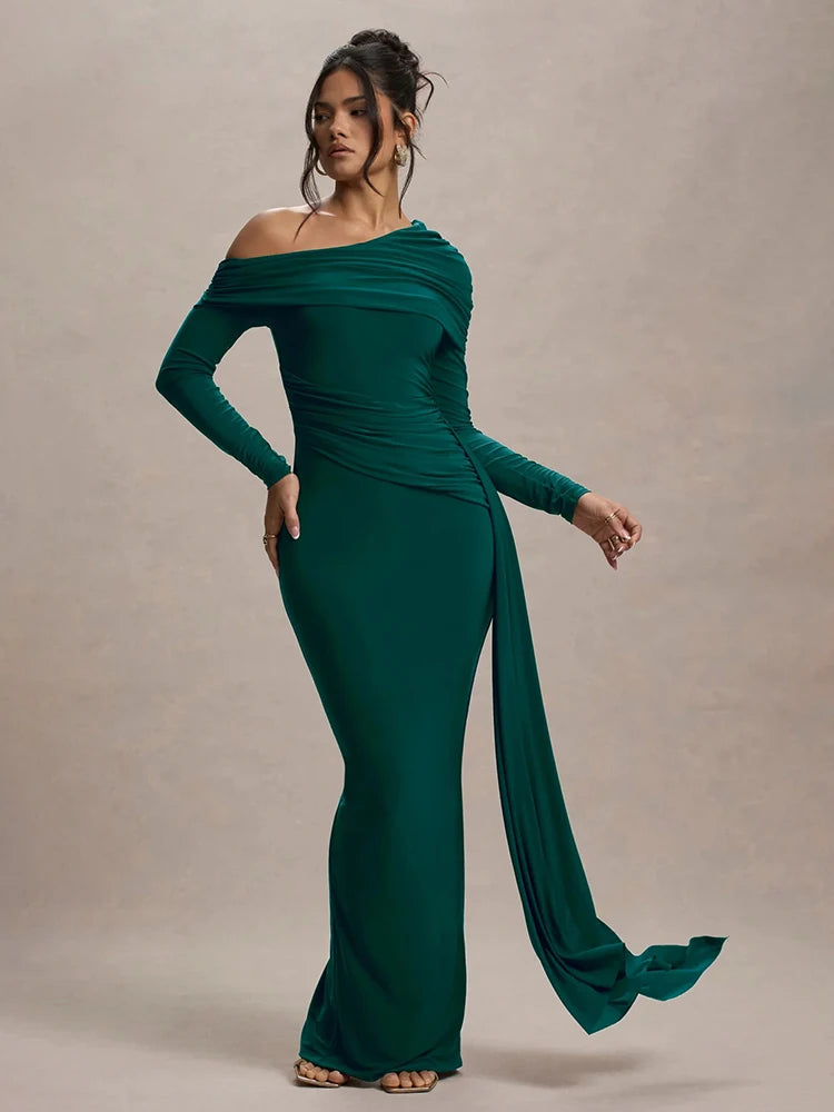 Skew Collar Long Sleeve Maxi Party Dress