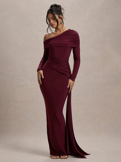 Skew Collar Long Sleeve Maxi Party Dress