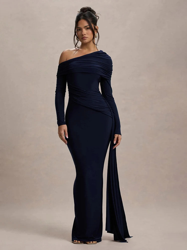 Skew Collar Long Sleeve Maxi Party Dress