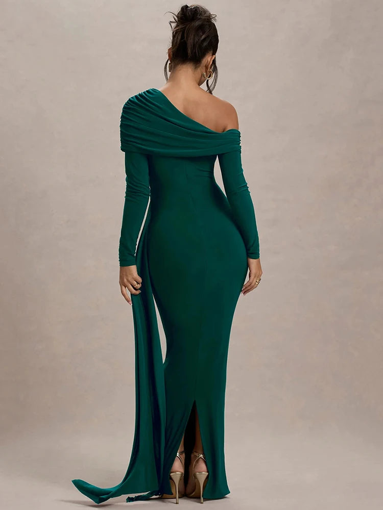 Skew Collar Long Sleeve Maxi Party Dress