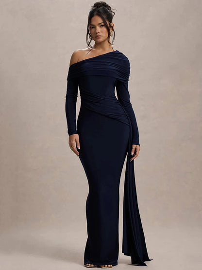 Skew Collar Long Sleeve Maxi Party Dress