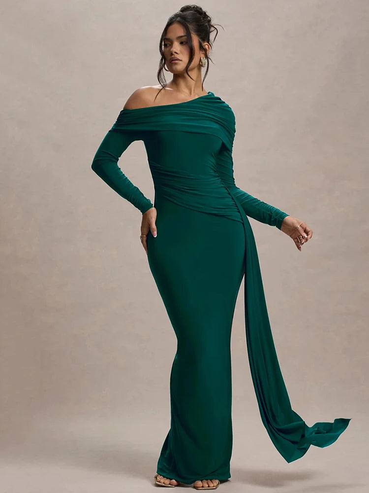 Skew Collar Long Sleeve Maxi Party Dress