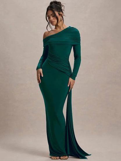 Skew Collar Long Sleeve Maxi Party Dress