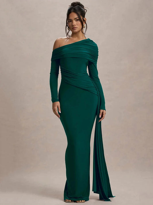 Skew Collar Long Sleeve Maxi Party Dress