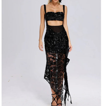 Black Sequins Spaghetti Strap Party Dress