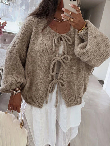 Loose V-Neck Tie Front Knit Cardigan