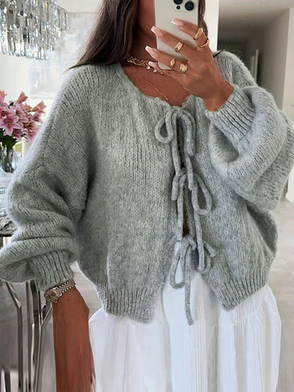 Loose V-Neck Tie Front Knit Cardigan