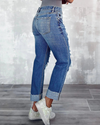 Ripped New High Straight Streetwear Hole Wash Cotton Ladies Denim Jean