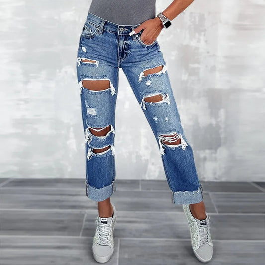 Ripped New High Straight Streetwear Hole Wash Cotton Ladies Denim Jean