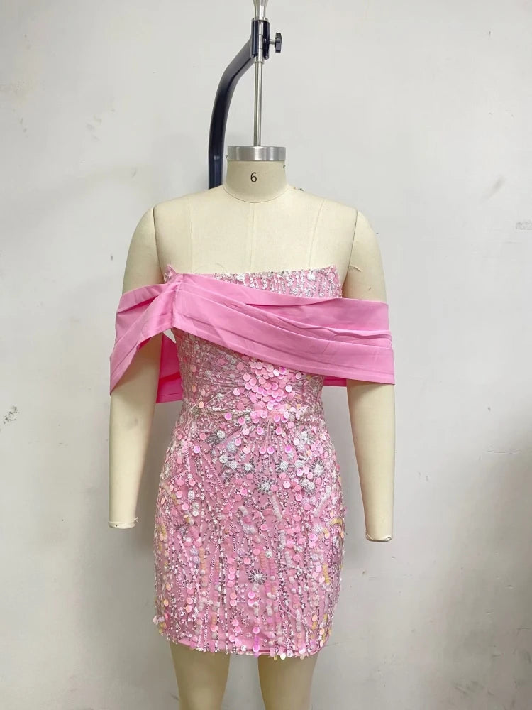 New Sexy Off Shoulder Sequins Pink Slash Neck Sparkly Elegant Christmas Party Dress