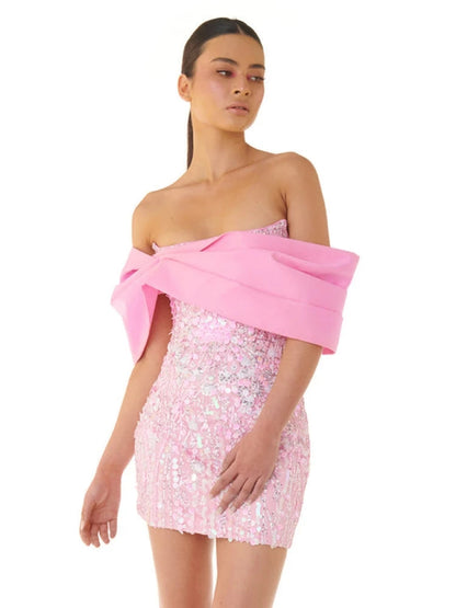 New Sexy Off Shoulder Sequins Pink Slash Neck Sparkly Elegant Christmas Party Dress