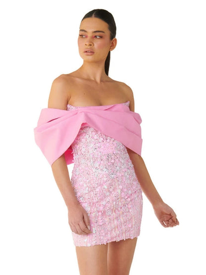 New Sexy Off Shoulder Sequins Pink Slash Neck Sparkly Elegant Christmas Party Dress