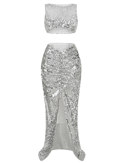 New Summer Silver Fashion Sequins Two-Piece Set Sleeveless Skirt Christmas Party Dress