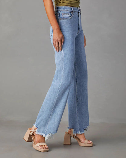 New Women's Women Simple Casual High Waist Wide-leg Trousers Irregular Tassels Women Streetwear All-match Female Pant Jean