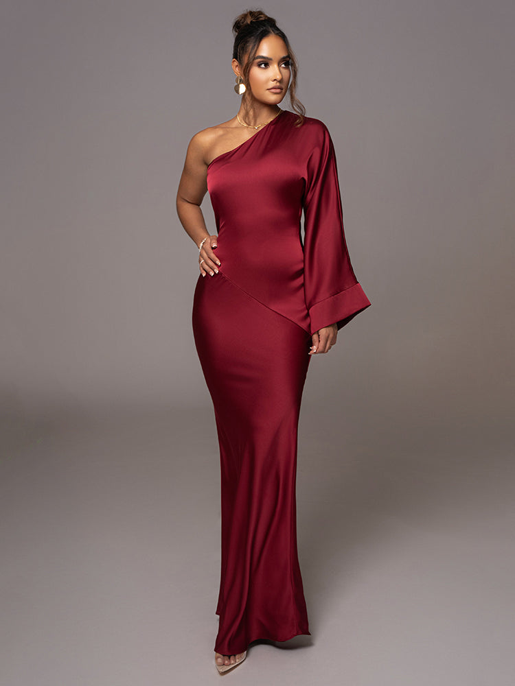 Valerie Satin One Shoulder Sexy Maxi Dress