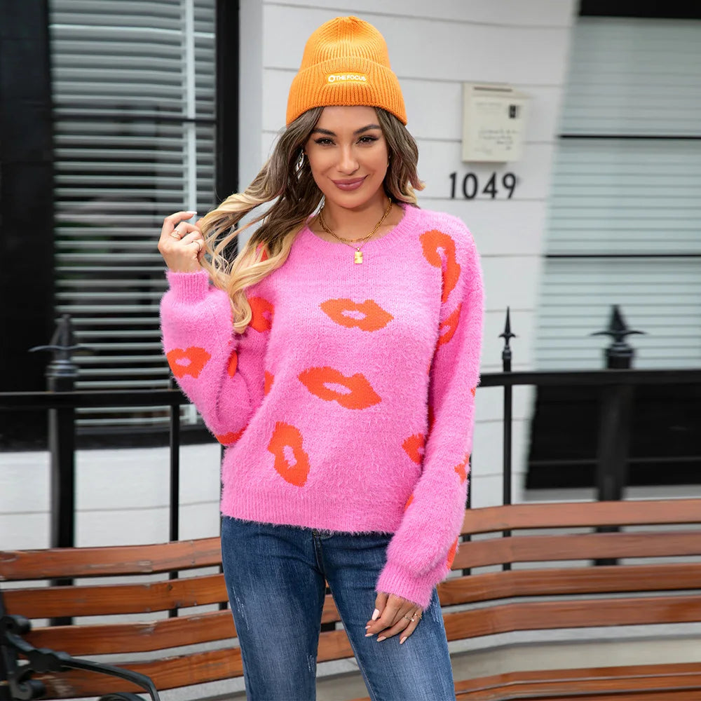 Lip Fur Crochet Work Sweater