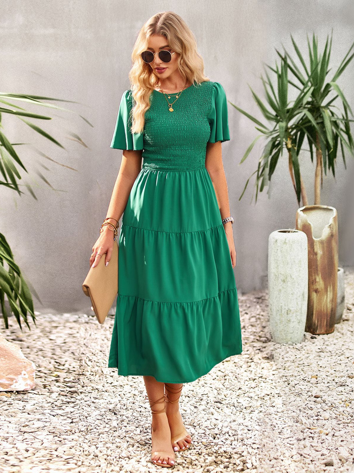 Blue Green Puff Sleeve Smocked Ruffle Tiered Midi Dress