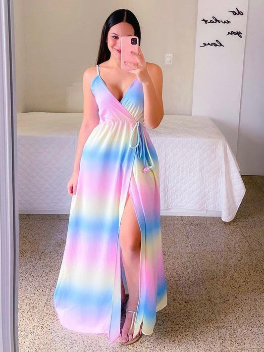 Rainbow Maxi Dress with Button Waist and Printing Slit