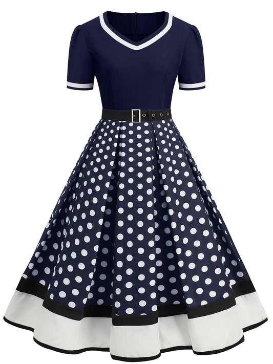 Vintage Polka Dot Rockabilly Dress - 1950s Style Short Sleeves