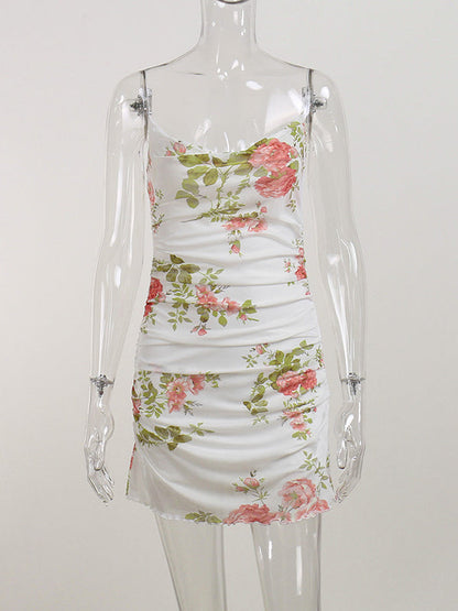 Vintage Floral Mesh Bodycon Dress with Ruched Detail