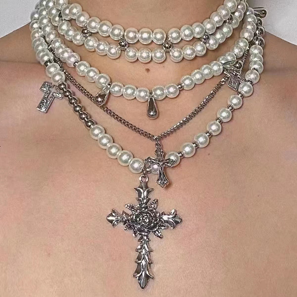 Retro Baroque Style Cross Pearl Layered Fashion Necklace