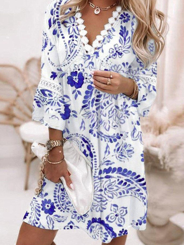 Boho Tunic Swing Dress with 3/4 Sleeves and V Neck