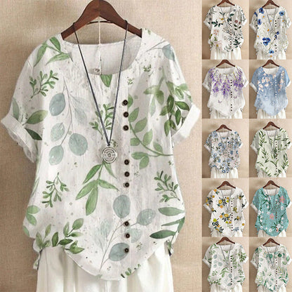 Blouse Casual for Fashion Loose Patterned Short-sleeved Retro Blouse Summer