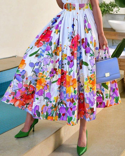 Skirt Full Flowered Pleats Dress