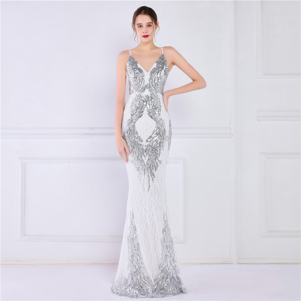 Wings Pattern Sequin Charming Mesh Strappy Gown