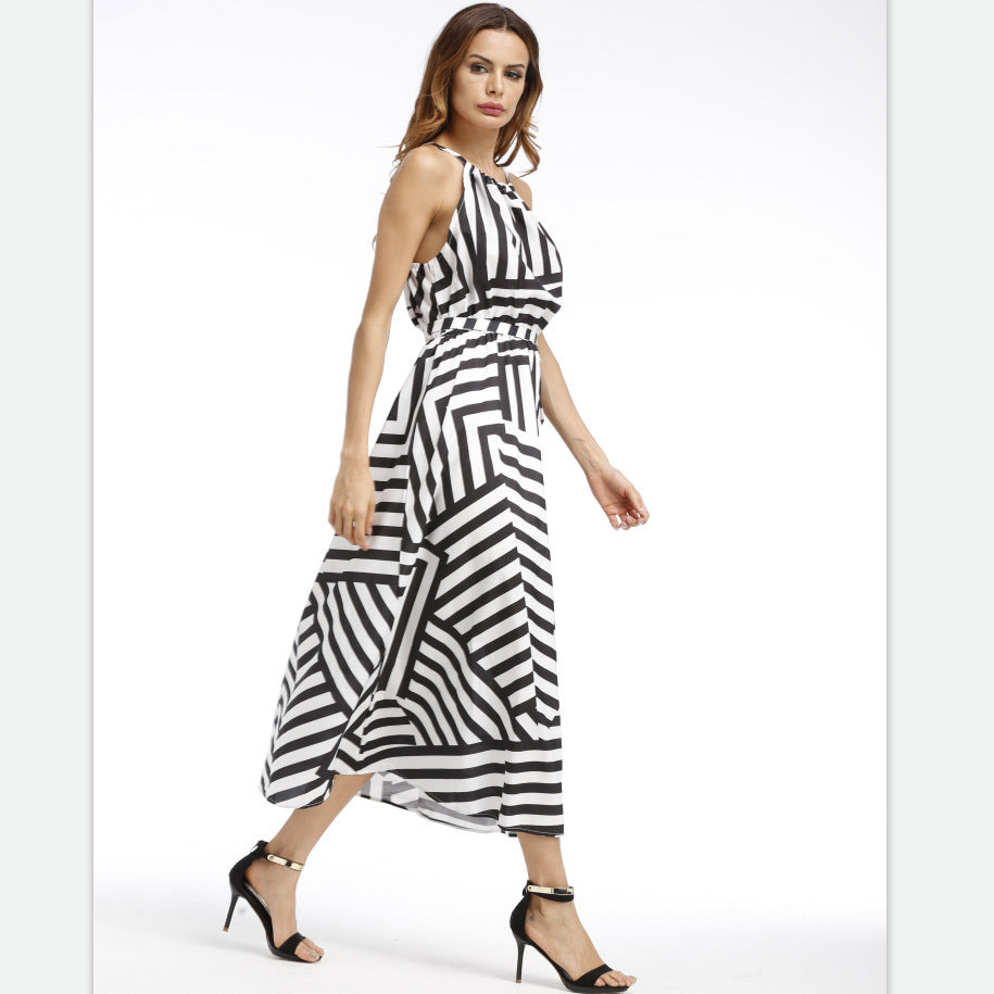 Striped in Waist Black Halter and Gown Empire White