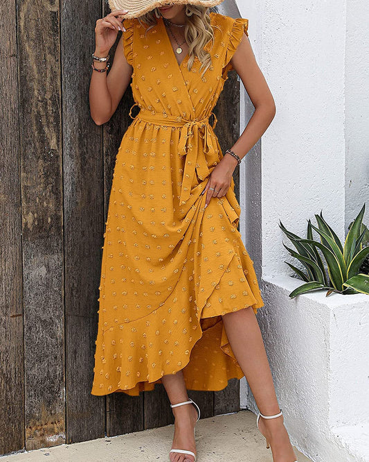 Swiss Dot Cap Sleeve Knot Front Dress in Yellow