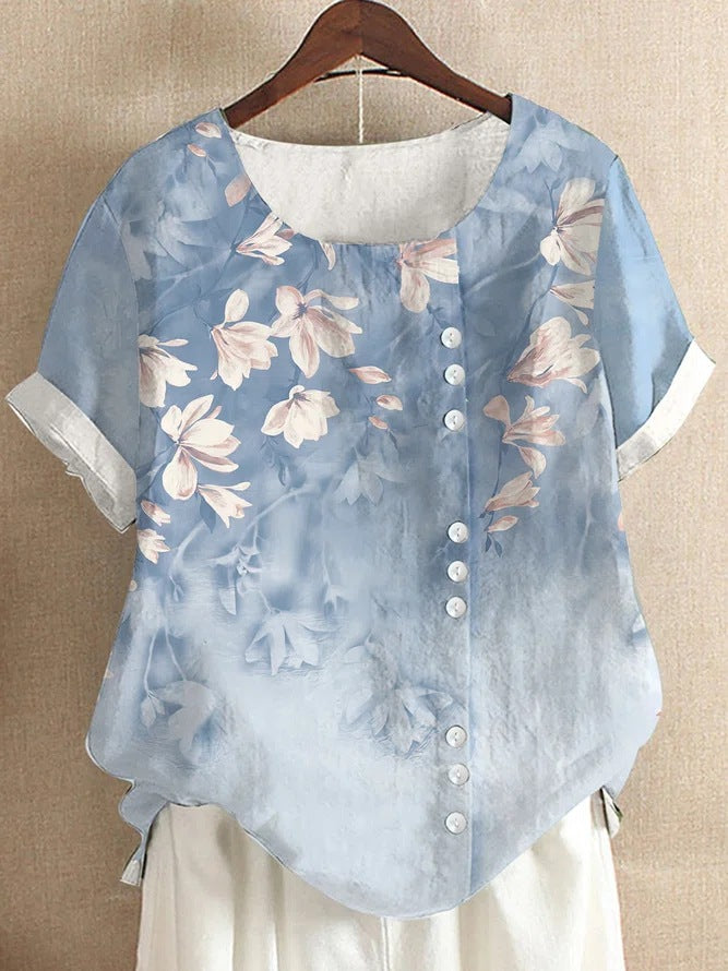 Blouse Casual for Fashion Loose Patterned Short-sleeved Retro Blouse Summer