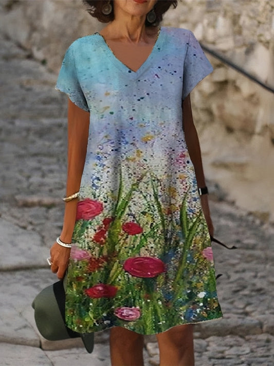 Blue Floral V Neck Casual Short Sleeve Shift Dress