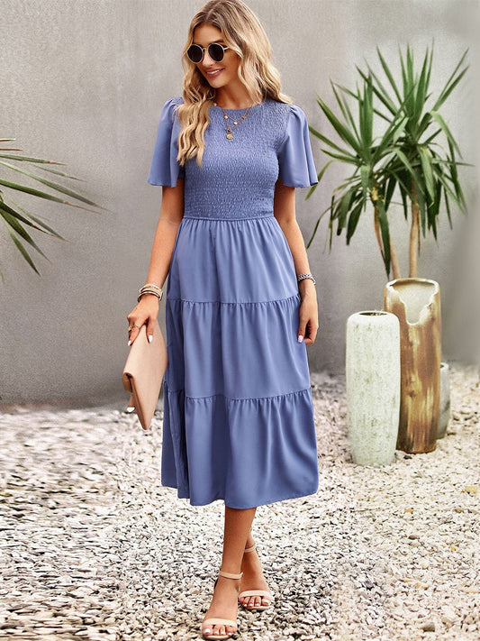 Blue Green Puff Sleeve Smocked Ruffle Tiered Midi Dress