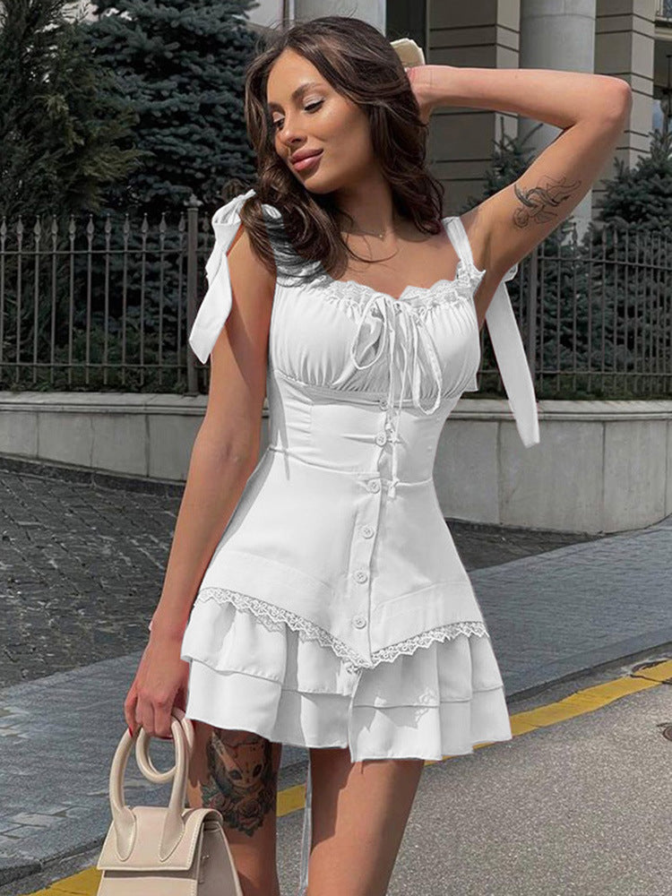 White Sleeveless Dress with Ruched Bust Gathering