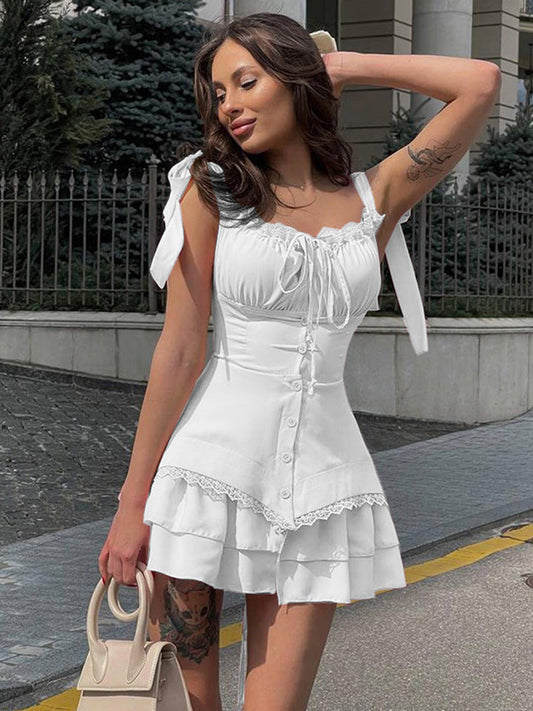 White Sleeveless Dress with Ruched Bust Gathering