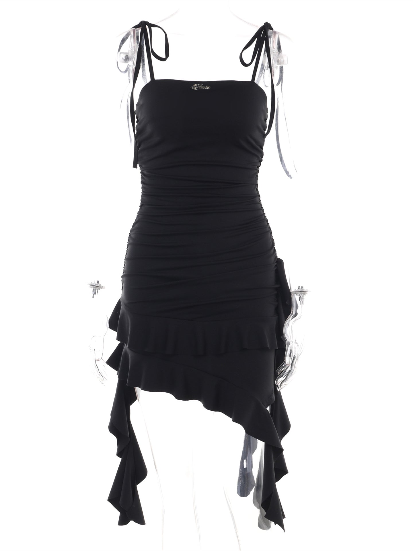 Slinky Ruffle Detail Midi Dress in Black