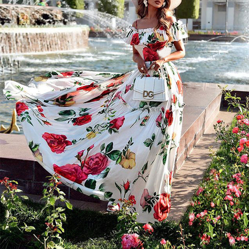 Summer Rose Off Shoulder Maxi Dress with Floral Print