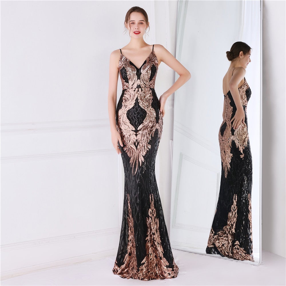 Wings Pattern Sequin Charming Mesh Strappy Gown