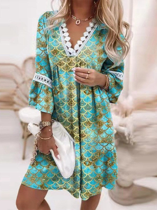 Boho Tunic Swing Dress with 3/4 Sleeves and V Neck