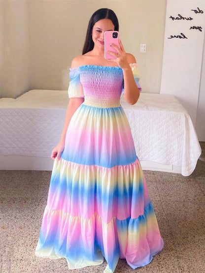 Rainbow Short Sleeve Maxi Beach Dress