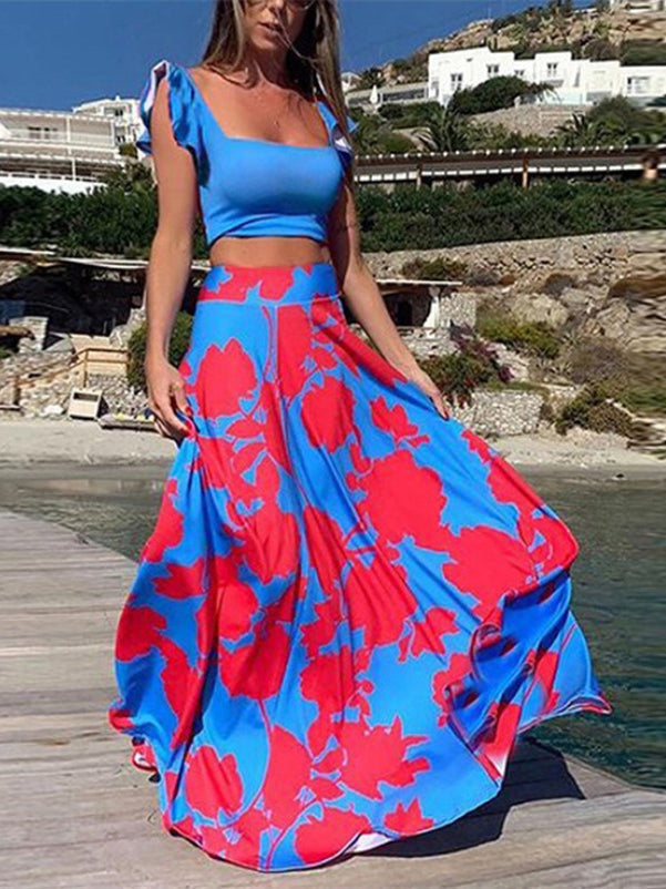 and High Flowered Long Waisted Top Crop Skirt Set